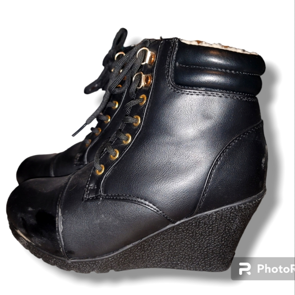 Black Glossy Lace Up Boots with Wedge Sole